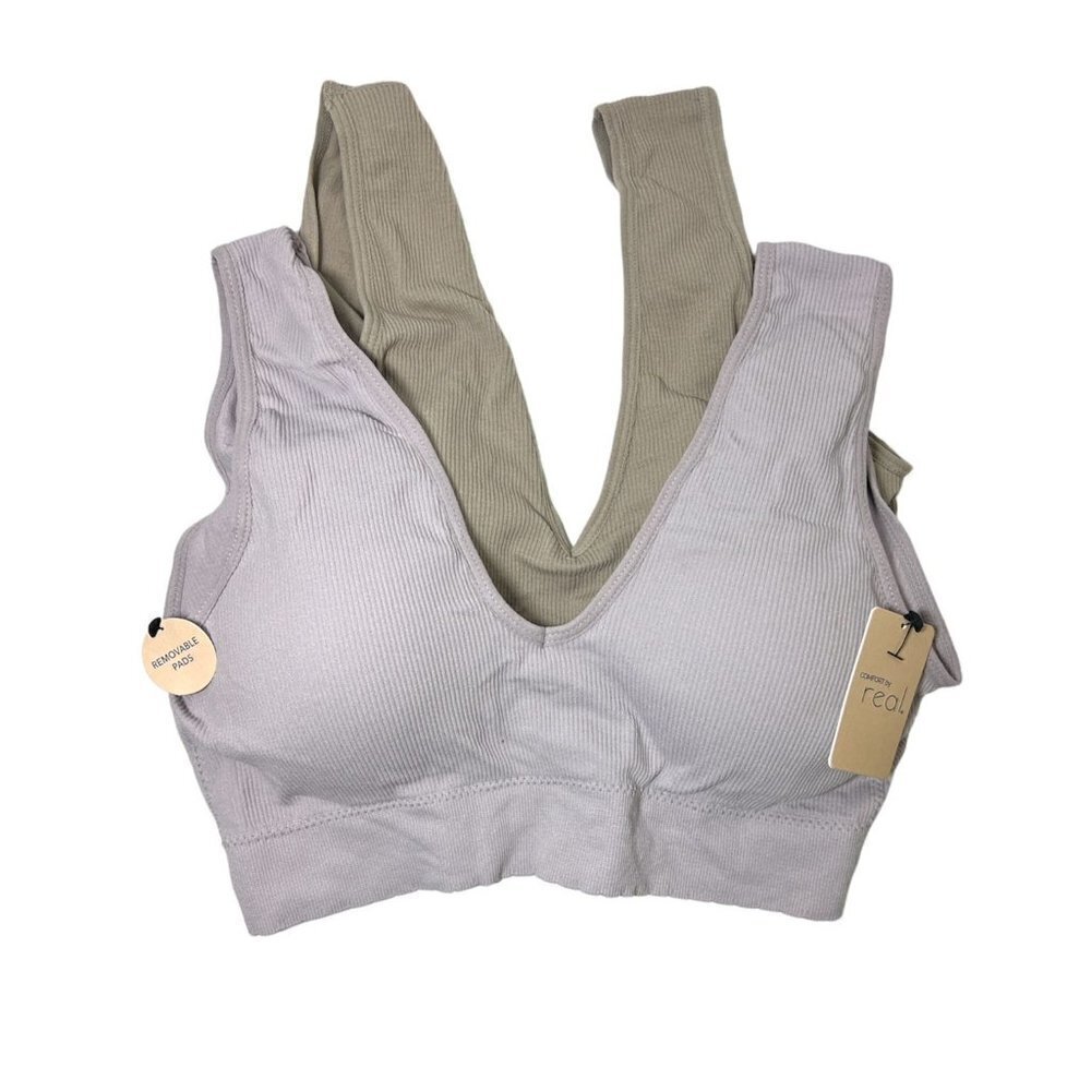 Real Underwear Womens Purple V Neck Gray Seamless Ribbed Bralettes 2 Pk Sz L New